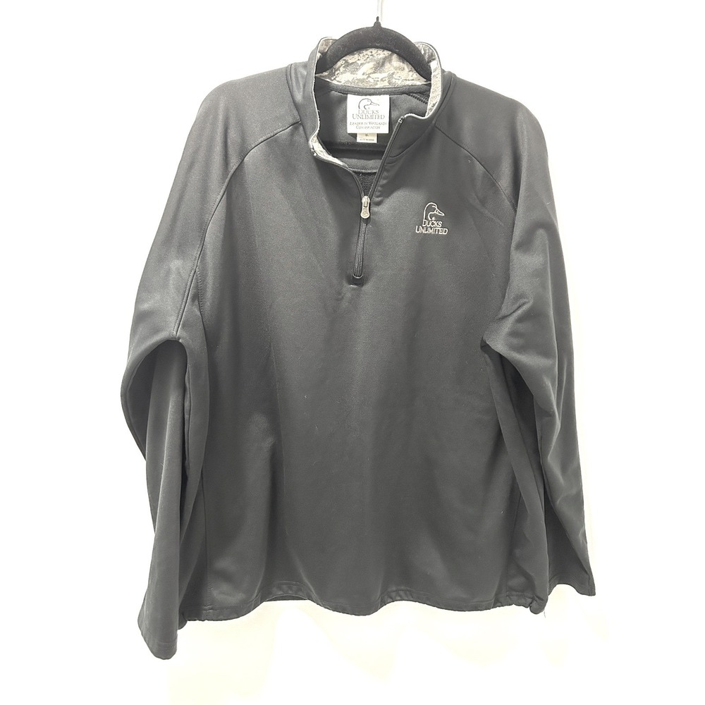 Ducks Unlimited 75th Anniversary Mens XL Black Quarter Zip Pullover Camo Trim